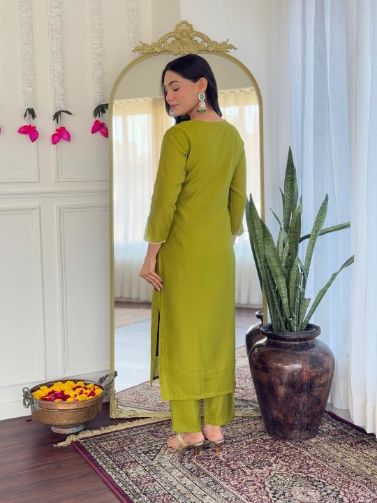 The52 Women's Viscose Embroidery work Straight Kurta with Pant and Dupatta Set | Grocsy