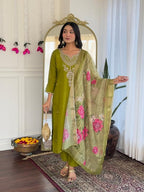 The52 Women's Viscose Embroidery work Straight Kurta with Pant and Dupatta Set | Grocsy
