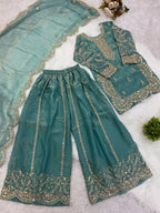 Teeya Creation Girls Heavy Embroidery Turquoise Ethnic Kurta And Palazzo Set With Net Dupatta | Grocsy