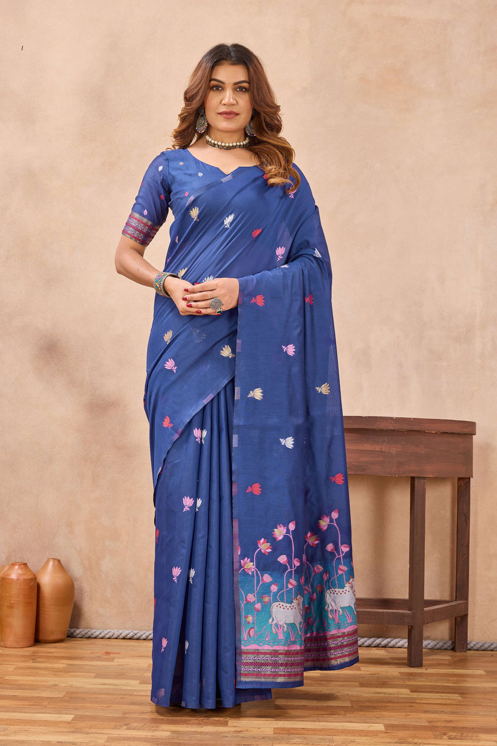 Divine International Trading Co Blue Linen Designer Party Wear Festive Saree With Unstitched Blouse Piece | Grocsy