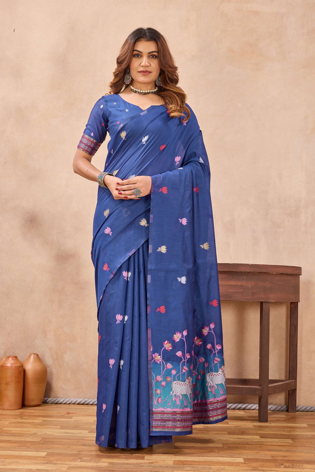 Divine International Trading Co Blue Linen Designer Party Wear Festive Saree With Unstitched Blouse Piece | Grocsy