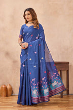 Divine International Trading Co Blue Linen Designer Party Wear Festive Saree With Unstitched Blouse Piece | Grocsy