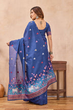 Divine International Trading Co Blue Linen Designer Party Wear Festive Saree With Unstitched Blouse Piece | Grocsy