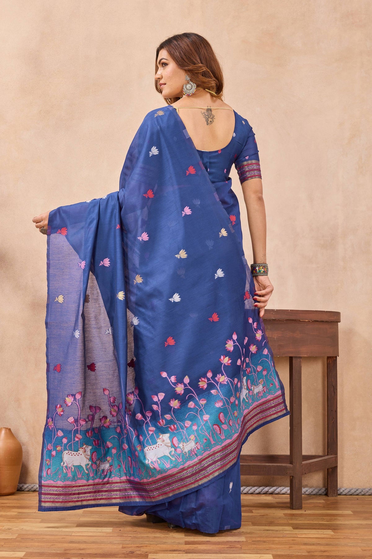 Divine International Trading Co Blue Linen Designer Party Wear Festive Saree With Unstitched Blouse Piece | Grocsy