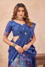Divine International Trading Co Blue Linen Designer Party Wear Festive Saree With Unstitched Blouse Piece | Grocsy