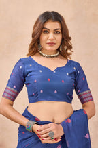 Divine International Trading Co Blue Linen Designer Party Wear Festive Saree With Unstitched Blouse Piece | Grocsy