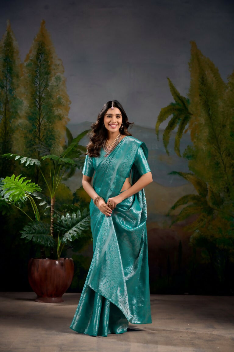 Vastranavya Firozi Kanjivaram Zari Weaving Work Saree with Unstitched Blouse | Grocsy