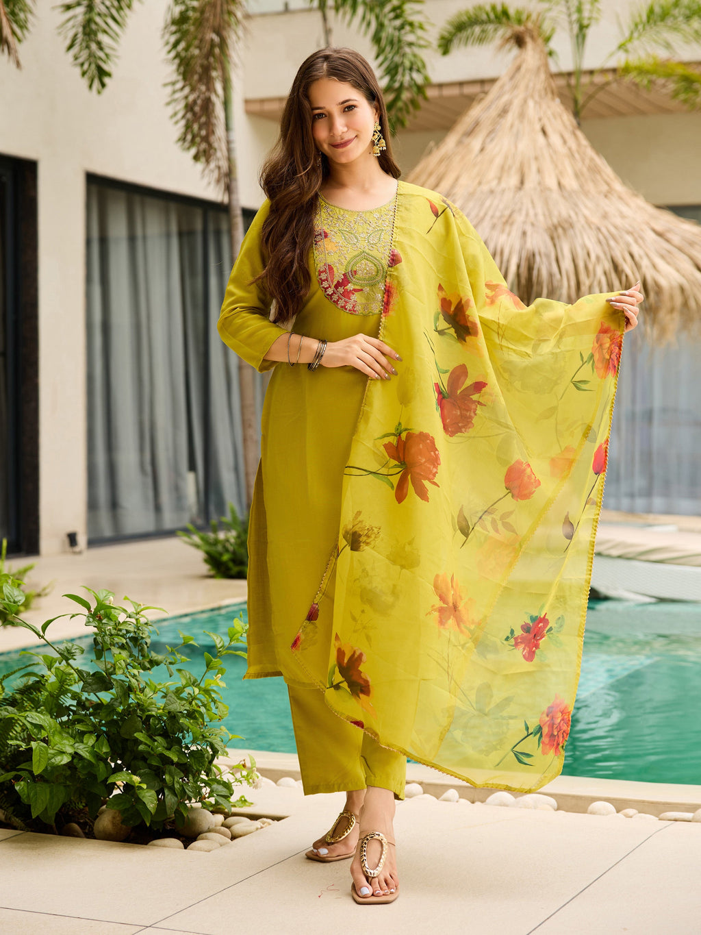 The52 Women Embroidered Rayon Fabric Straight Kurta, Pant and Dupatta Set | Grocsy