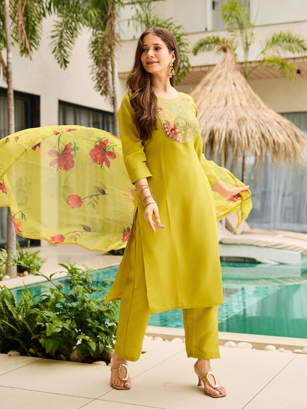 The52 Women Embroidered Rayon Fabric Straight Kurta, Pant and Dupatta Set | Grocsy