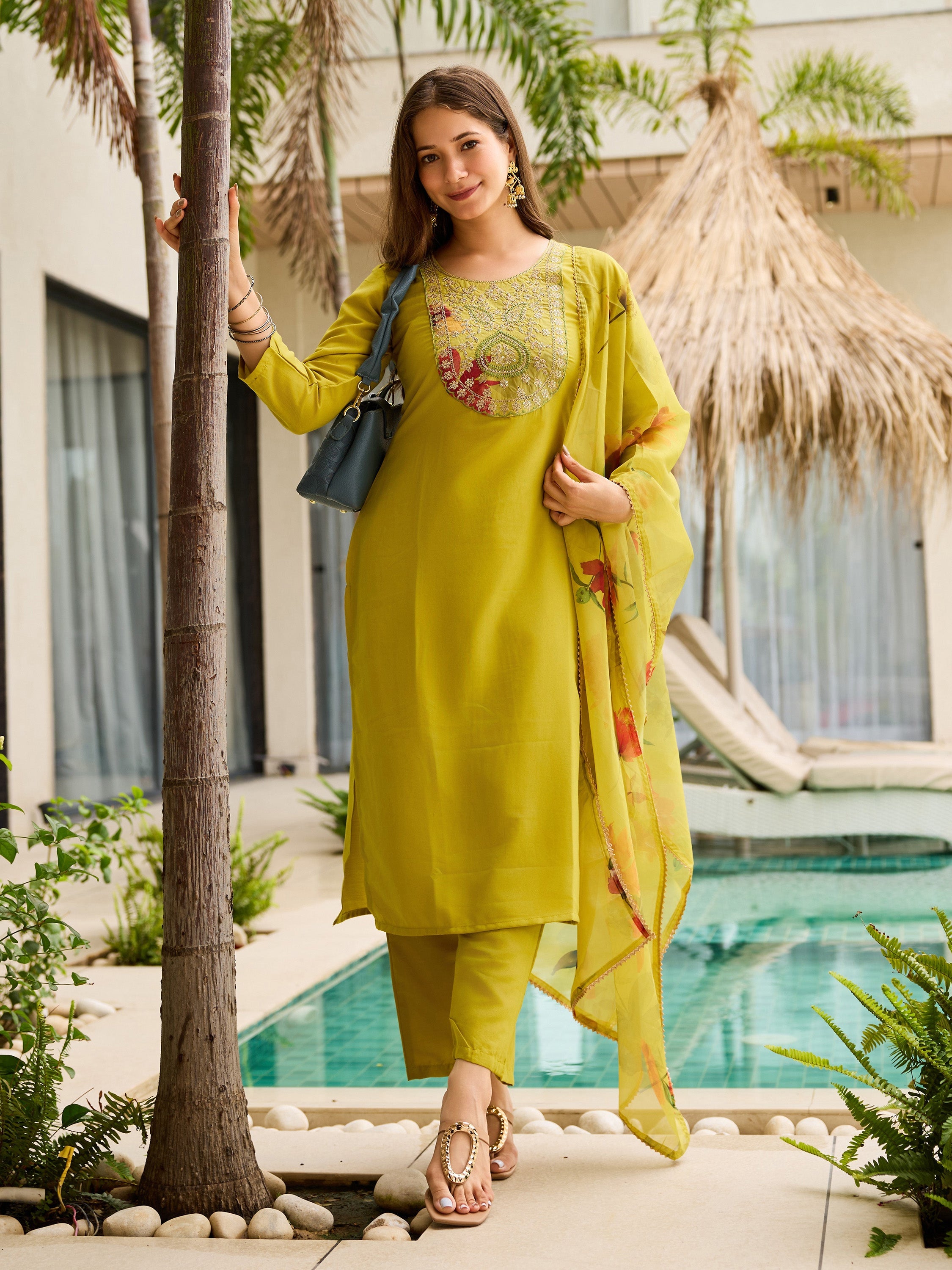The52 Women Embroidered Rayon Fabric Straight Kurta, Pant and Dupatta Set | Grocsy