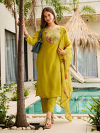 The52 Women Embroidered Rayon Fabric Straight Kurta, Pant and Dupatta Set | Grocsy