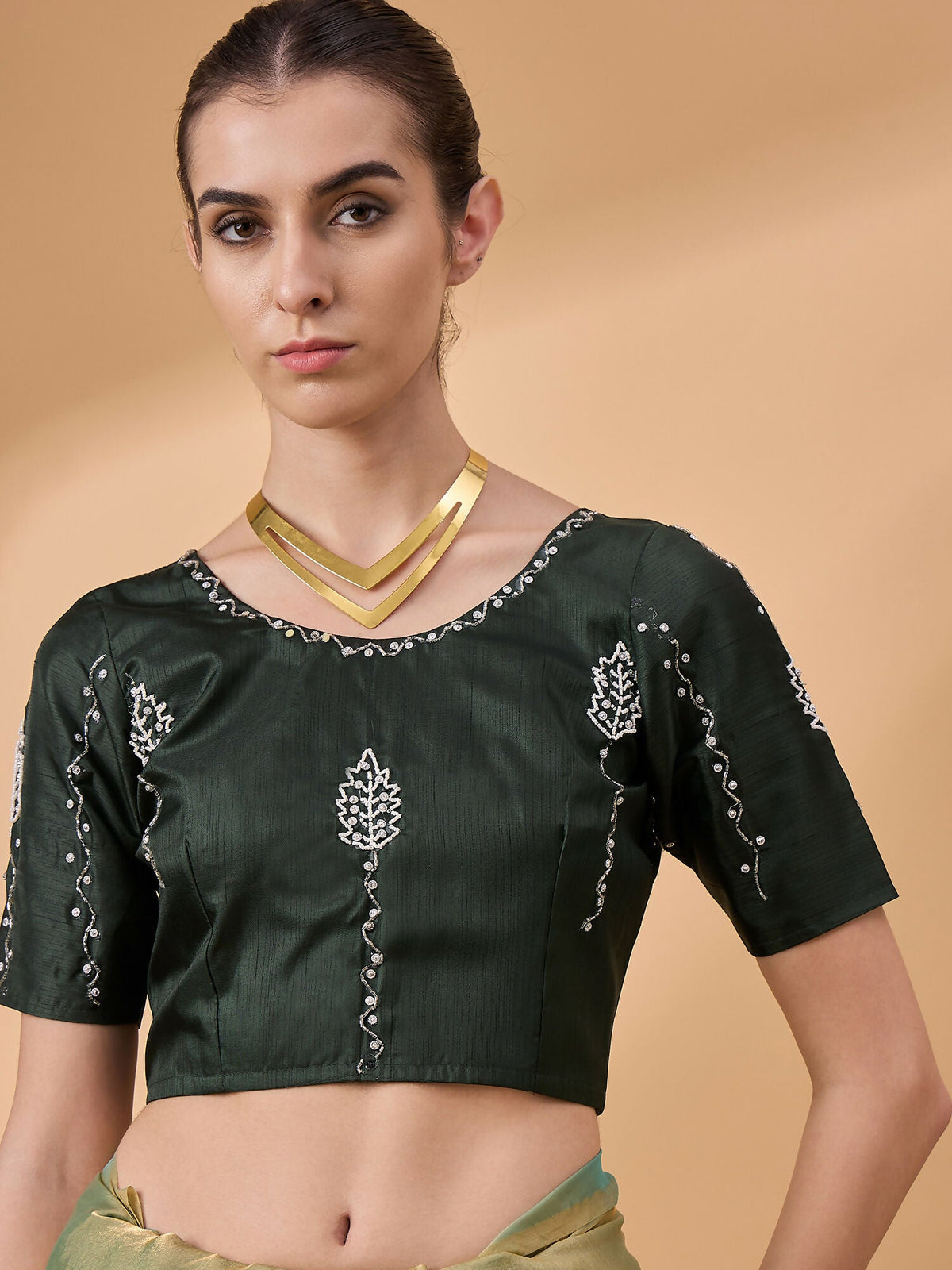 Green Muslin Embroidered Saree with Unstitched Blouse Piece - Satya | Grocsy