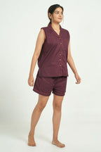 Breathables Women Cotton Night Suit Shirt And Shorts Co-Ord Set Maroon I Nightwear | Loungewear Set | Grocsy