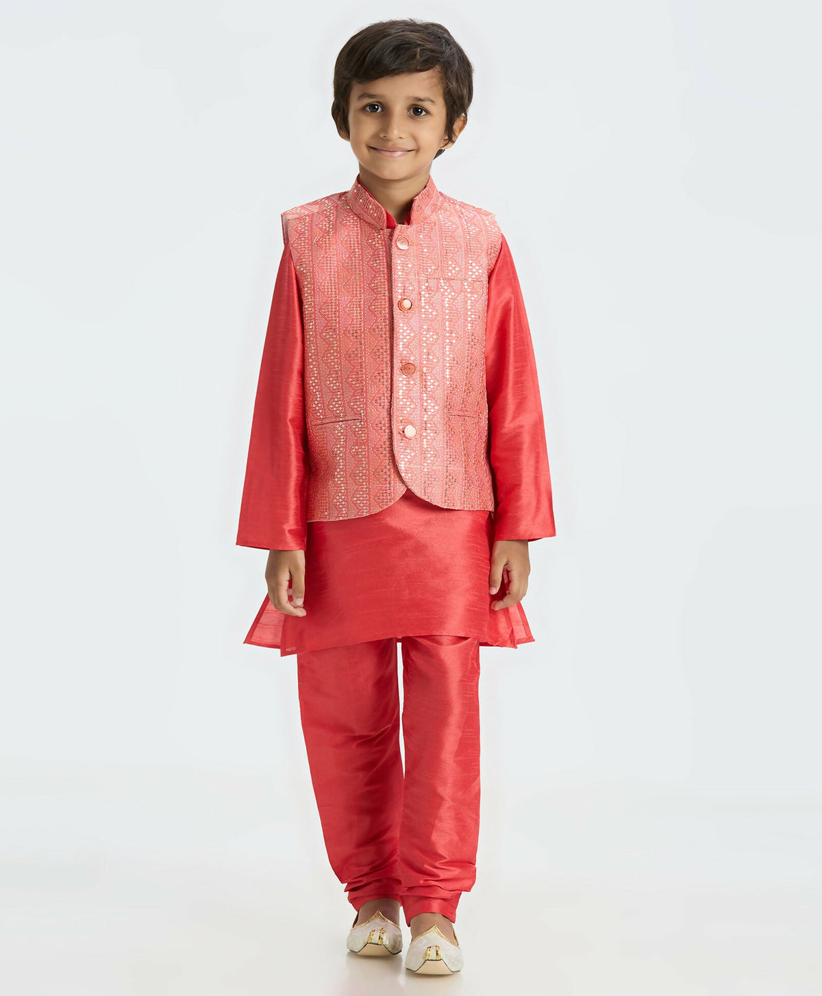 Joban Fashion Kids Island Sequence work Nehru Jacket Full Sleeves Kurta, Pajama Set - Tomato Red | Grocsy