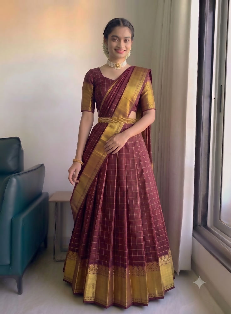Teeya Creation Classic Maroon Checkered Silk Lehenga Choli with Heavy Zari Border | Grocsy