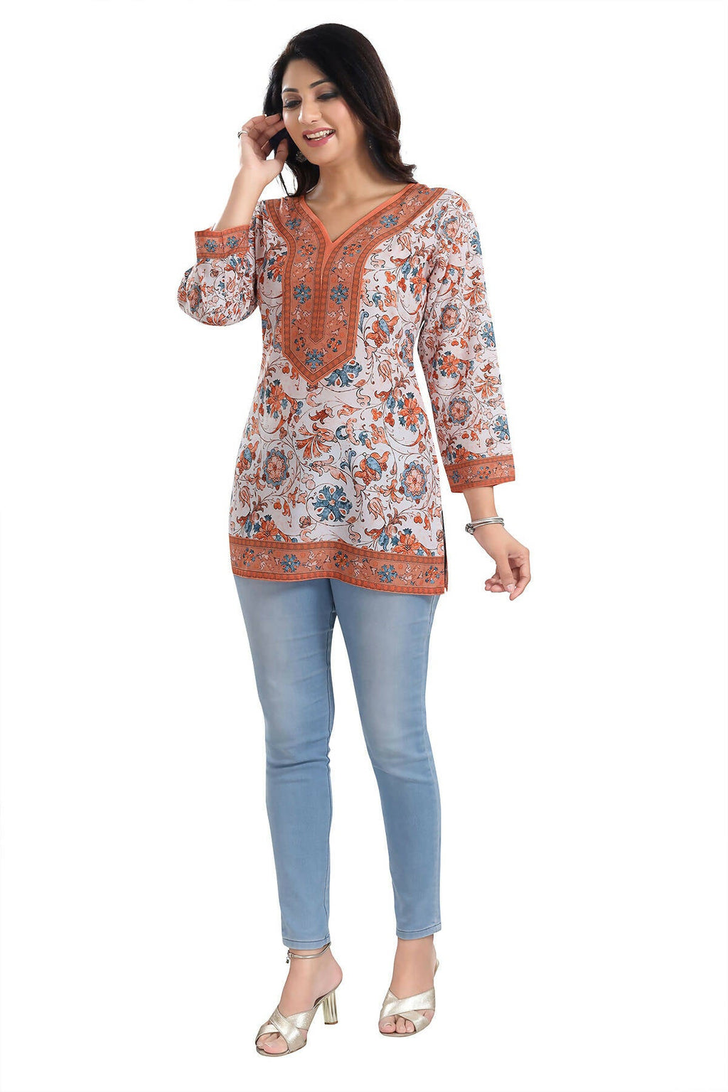 Snehal Creations Cream Faux Crepe Short Kurti Tunic Top | Grocsy