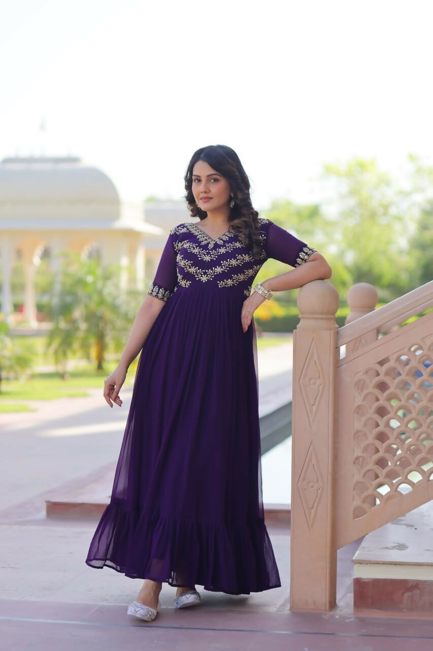 Teeya Creation Purple Color Faux Georgette Party Wear Hand Embroidery Work Long Gown | Grocsy