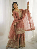 Teeya Creation Peach Color Gymmi Silk Embroidery Work Wedding Wear Sharara Set | Grocsy