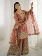 Teeya Creation Peach Color Gymmi Silk Embroidery Work Wedding Wear Sharara Set | Grocsy