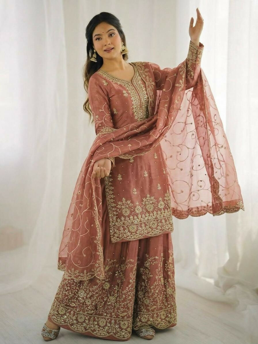 Teeya Creation Peach Color Gymmi Silk Embroidery Work Wedding Wear Sharara Set | Grocsy