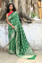 Joban Fashion Green Pure Crepe Pure Handloom Banarasi Silk Saree | Grocsy