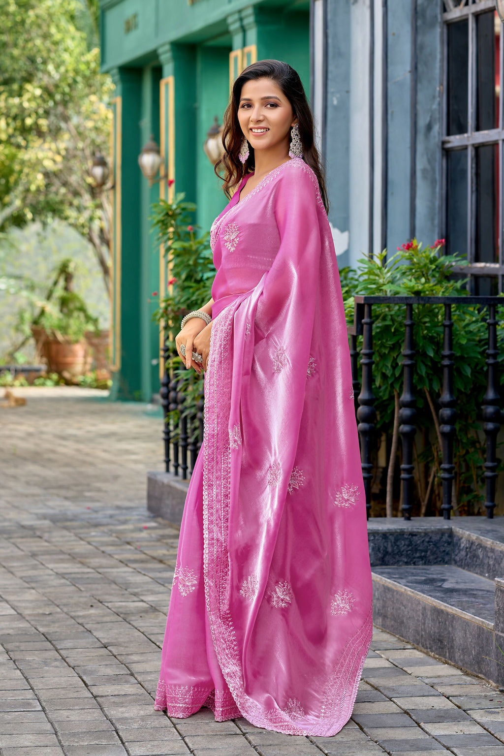Vastranavya Baby Pink Embroidery Work Shimmer Chiffon Saree with Unstitched Blouse | Grocsy