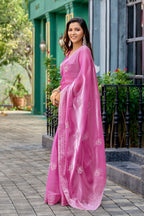 Vastranavya Baby Pink Embroidery Work Shimmer Chiffon Saree with Unstitched Blouse | Grocsy