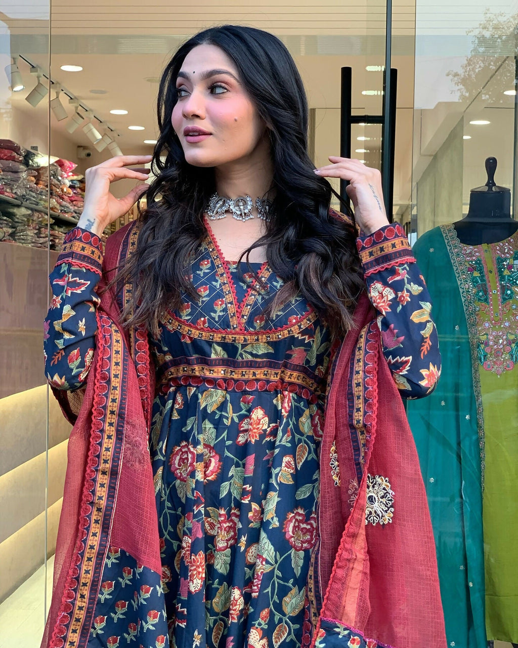 The52 Women's Beautiful Cotton Fabric Printed Work Flared Kurta Palazzo and Dupatta Set | Grocsy