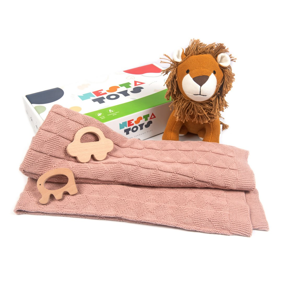 Nesta Toys Newborn Gift Set - Knitted Cotton Blanket, Lion Plush Toy, Elephant & Car Teether | Grocsy