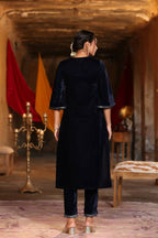 Juniper Women Navy Velvet Embroidered Straight Kurta Sets | Grocsy