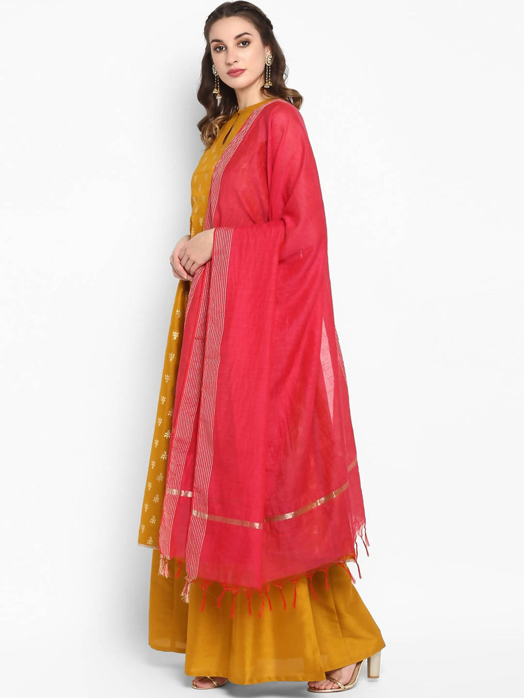 Janasya Women Mustard Yellow Printed Kurta with Palazzos & Dupatta | Grocsy