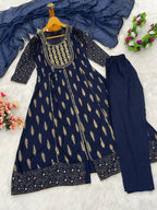 Teeya Creation Women's Navy Blue Fully Stitched Ethnic Kurta With Pant And Dupatta | Grocsy