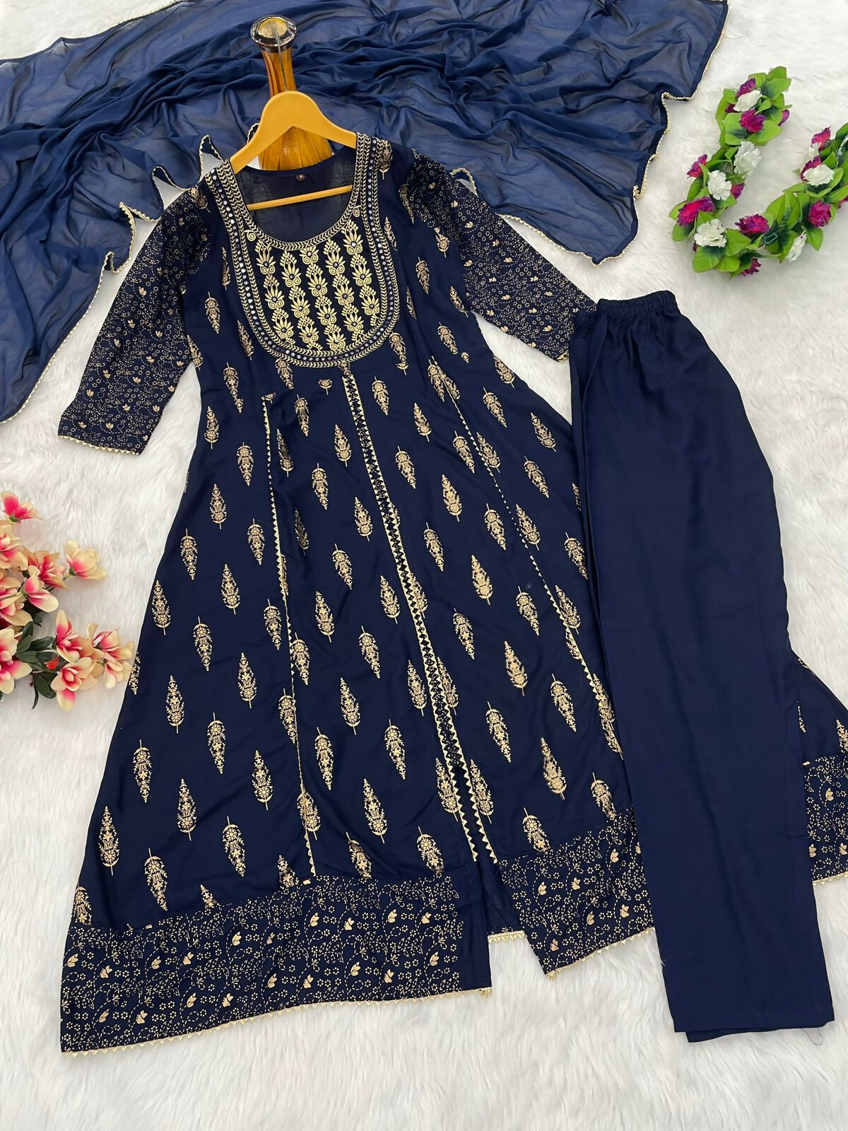Teeya Creation Women's Navy Blue Fully Stitched Ethnic Kurta With Pant And Dupatta | Grocsy