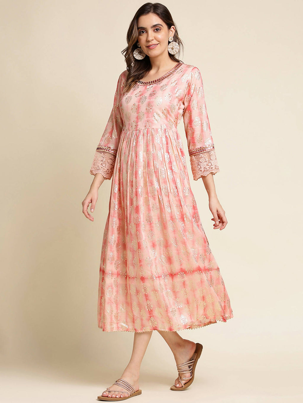 Peach Cotton Paisley Printed Fit & Flare Dress - Yukti | Grocsy