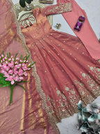 Teeya Creation Womens New Latest Trendy Elegant Peach Embroidered Anarkali Suit Set with Scalloped Dupatta | Grocsy