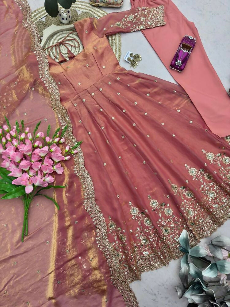 Teeya Creation Womens New Latest Trendy Elegant Peach Embroidered Anarkali Suit Set with Scalloped Dupatta | Grocsy