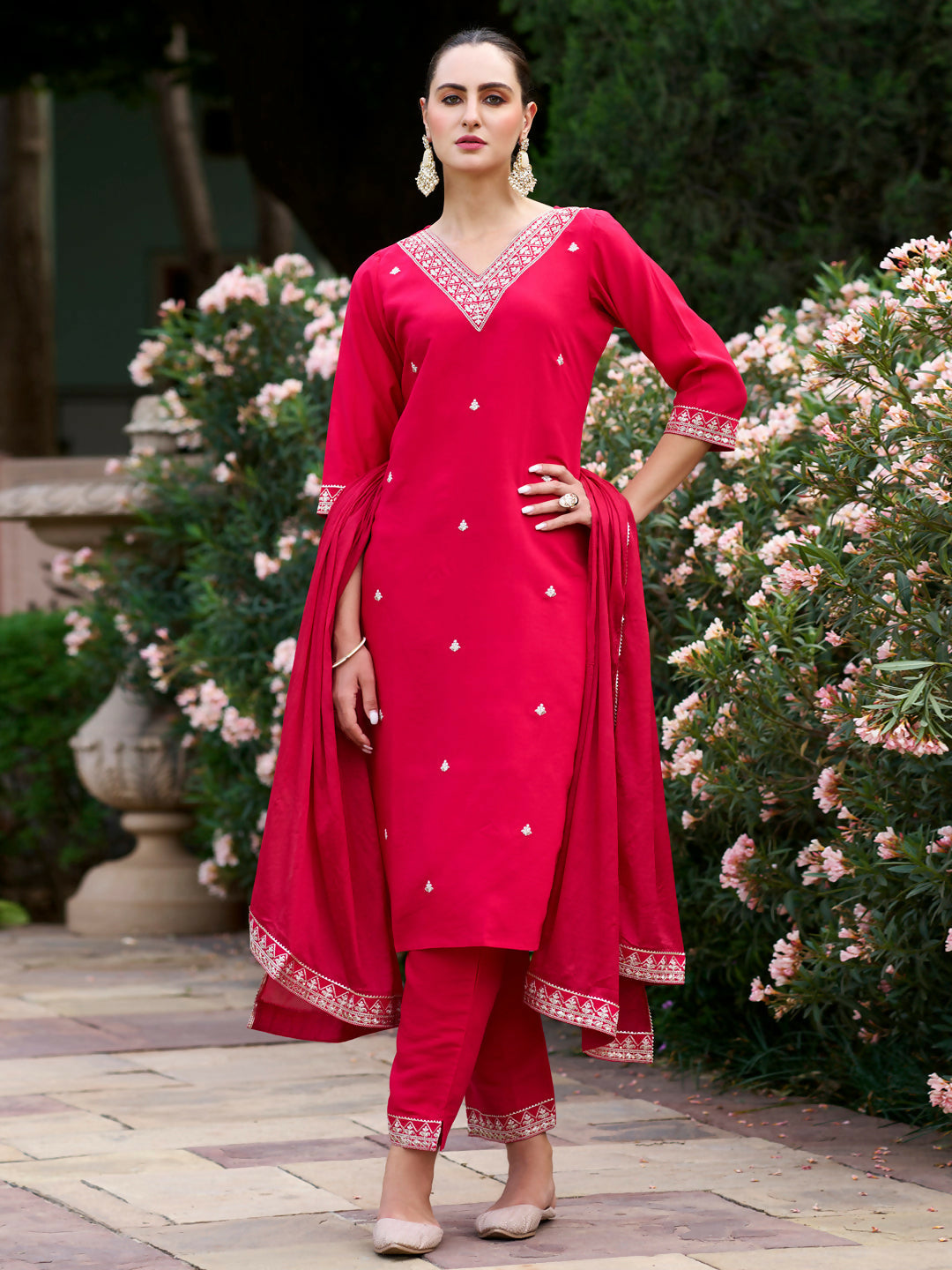 The52 Red Women's Gorgeous Embroidered Rayon Slub Fabric Straight Kurta Pant with Dupatta Set | Grocsy
