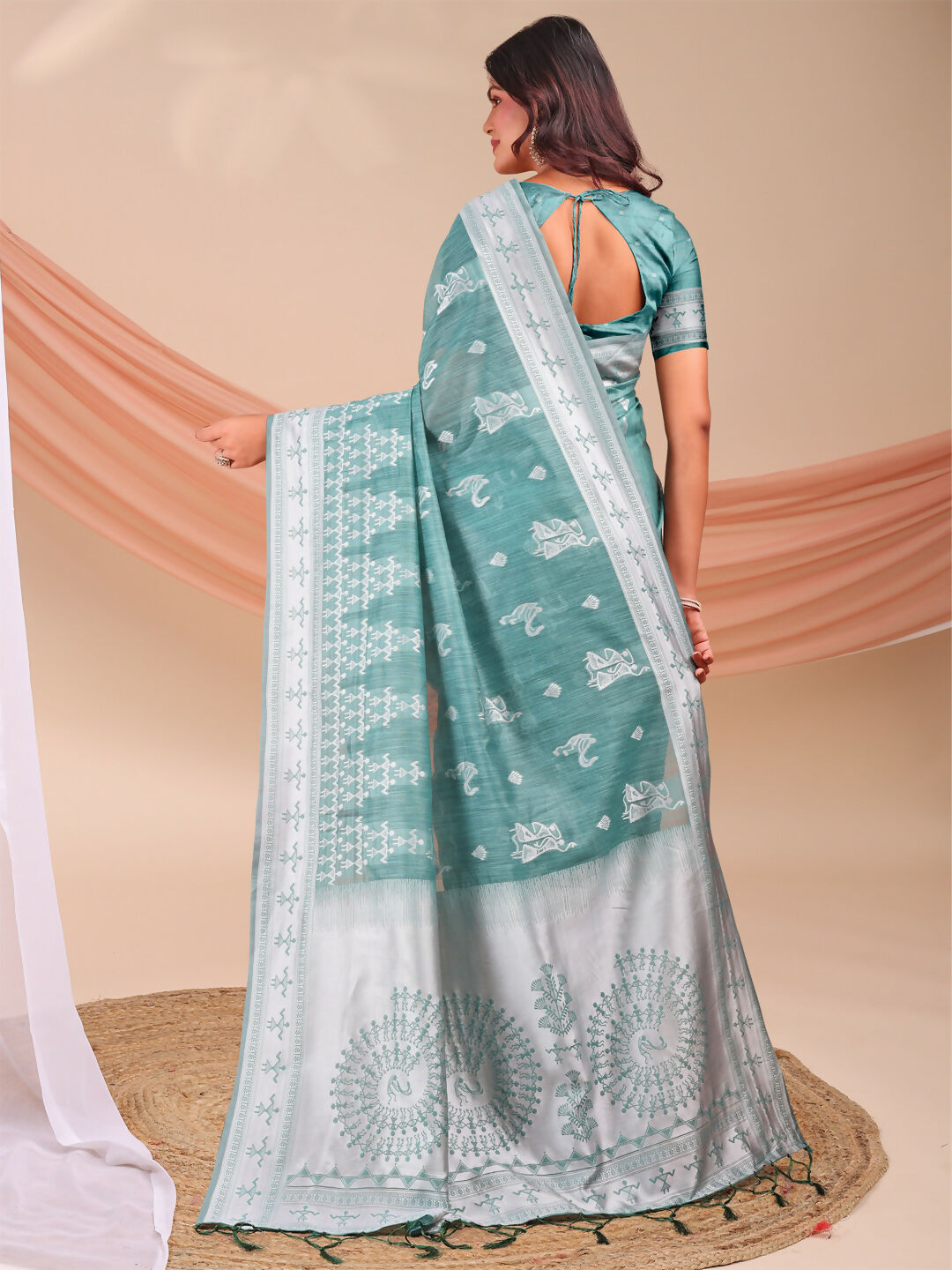 Shree Shyam Fashion Varnika Sea Green Linen Cotton Saree | Grocsy