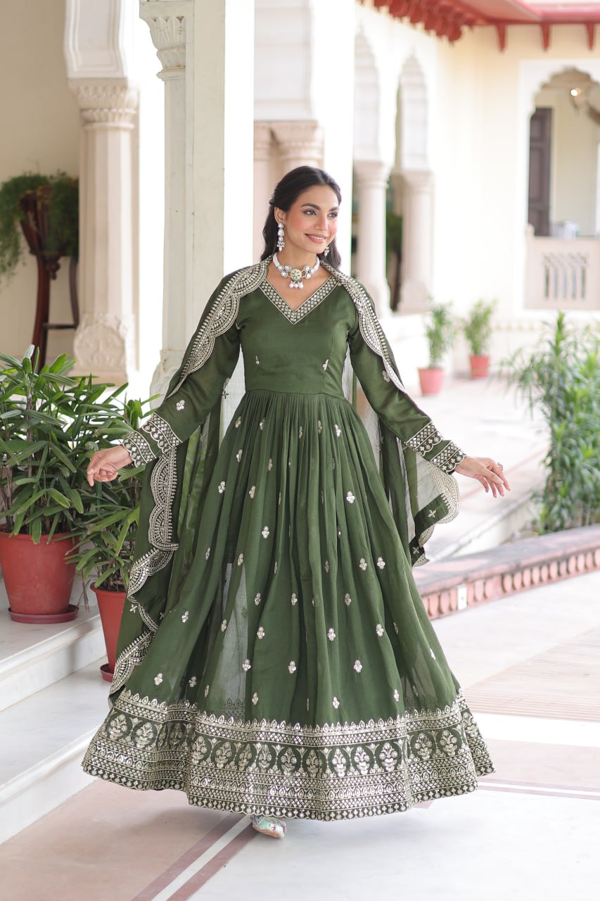 Lehenga Mart Premium Readymade Gown With Dupatta Set For Women-Mehendi Green | Grocsy