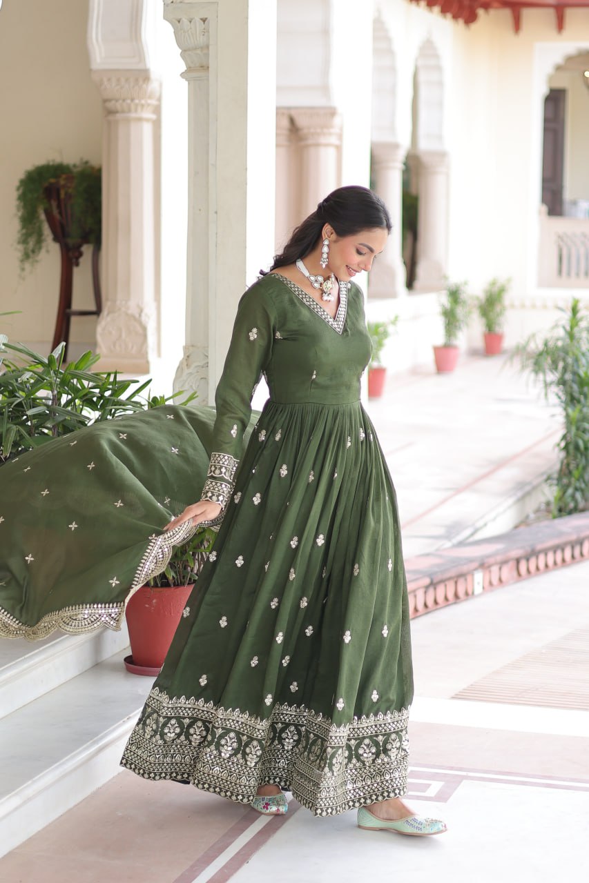 Lehenga Mart Premium Readymade Gown With Dupatta Set For Women-Mehendi Green | Grocsy