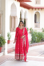 Lehenga Mart Premium Readymade Gown With Dupatta Set For Women-Rani Pink | Grocsy