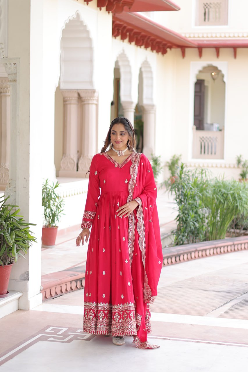 Lehenga Mart Premium Readymade Gown With Dupatta Set For Women-Rani Pink | Grocsy