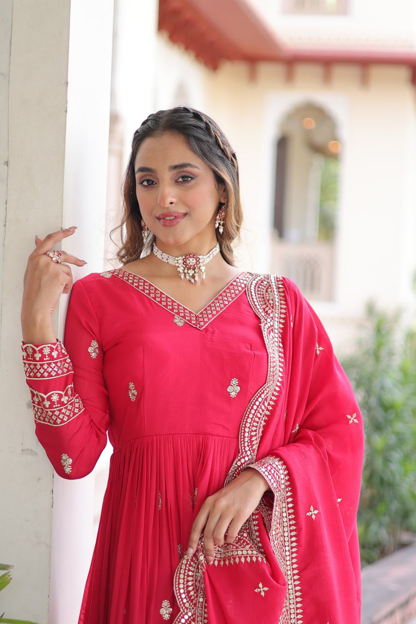 Lehenga Mart Premium Readymade Gown With Dupatta Set For Women-Rani Pink | Grocsy