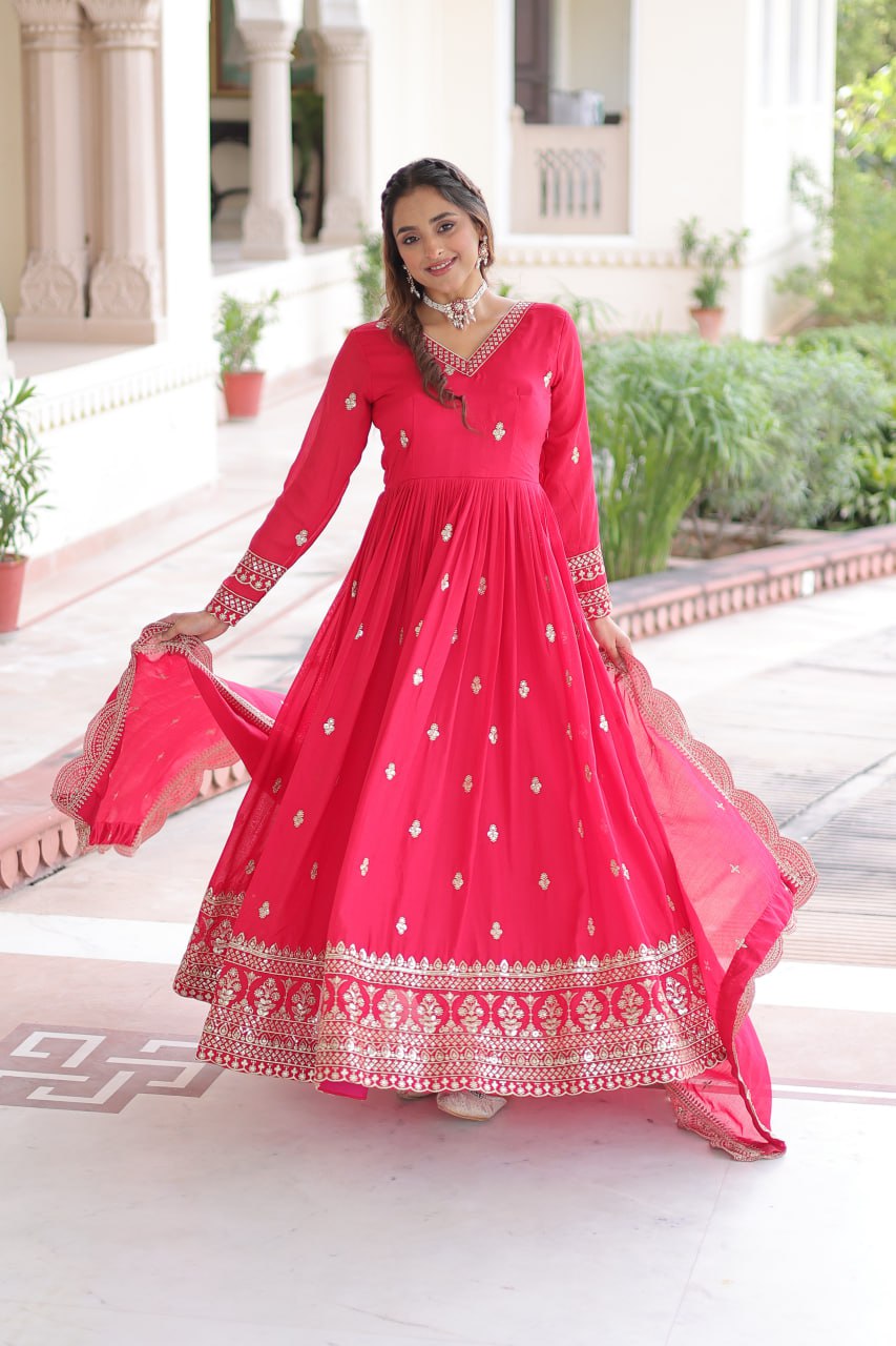 Lehenga Mart Premium Readymade Gown With Dupatta Set For Women-Rani Pink | Grocsy