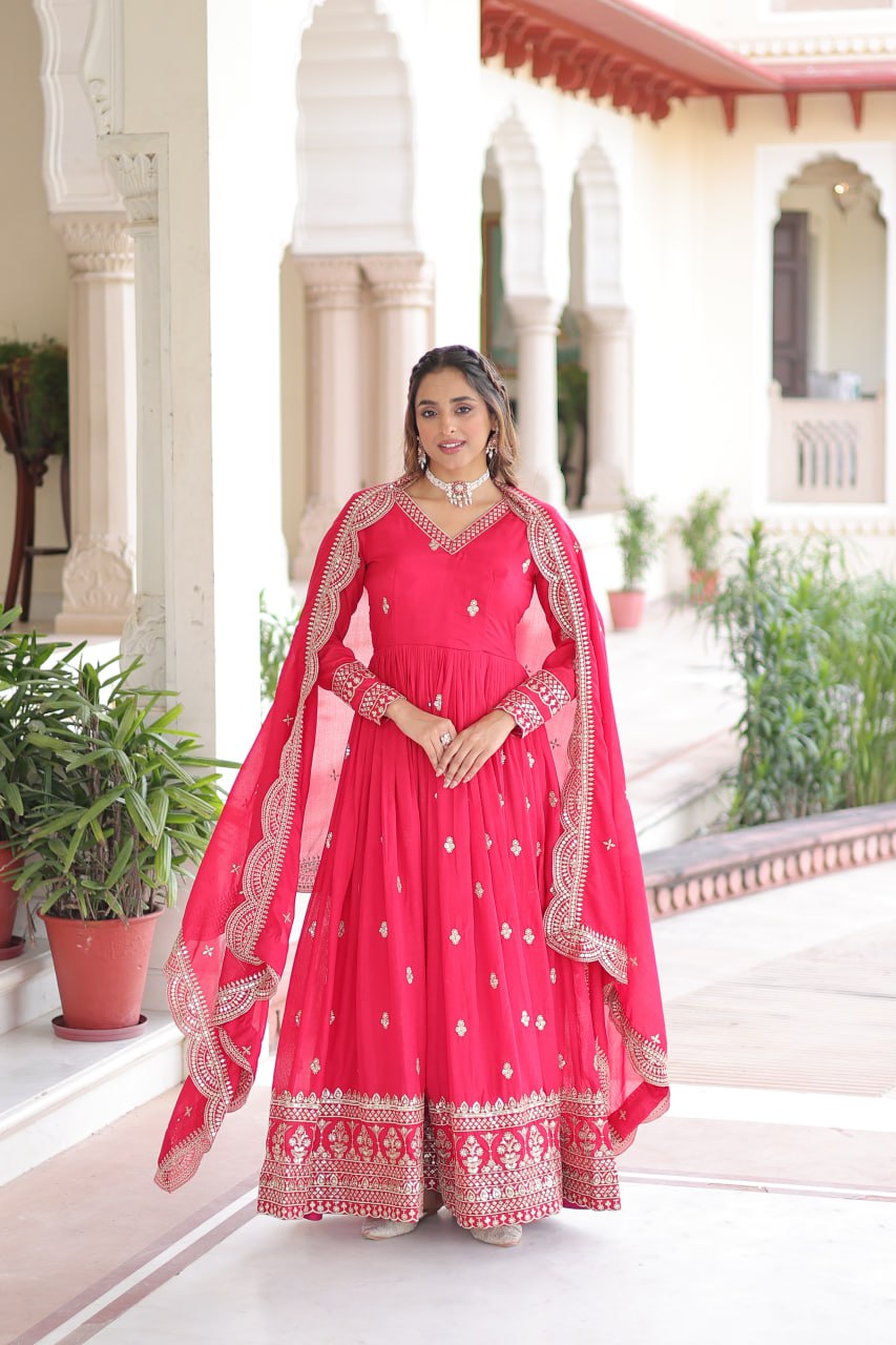 Lehenga Mart Premium Readymade Gown With Dupatta Set For Women-Rani Pink | Grocsy