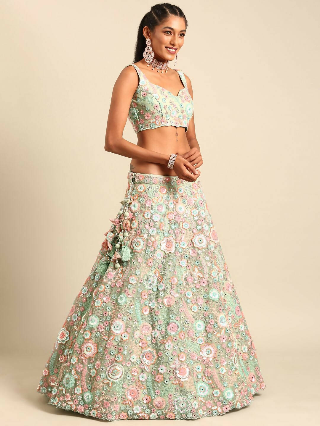 House of Panchhi Lime Green Net Sequins, Mirror and thread embroidery Lehenga choli & Dupatta | Grocsy