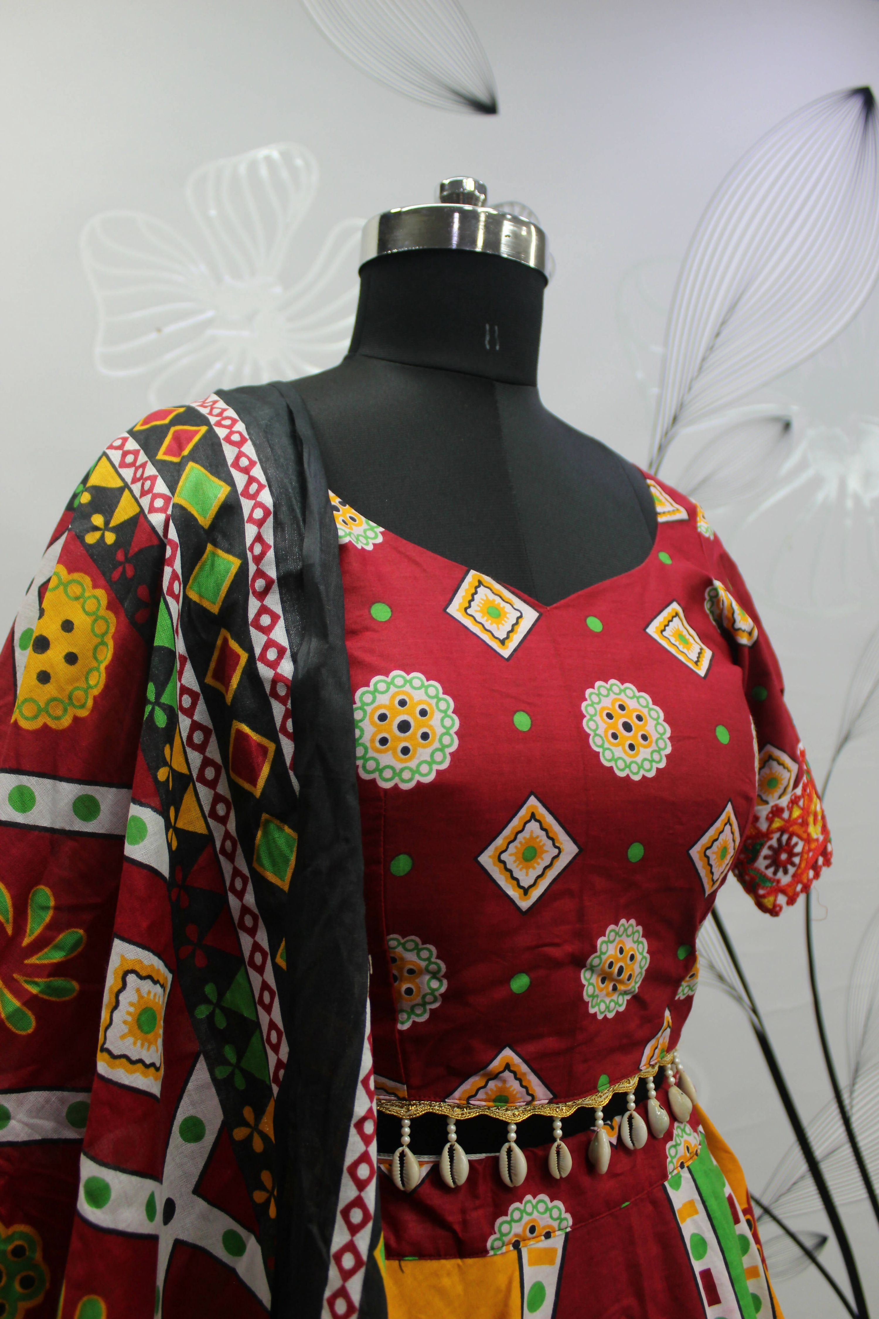 Multi Color Pure Cotton Hand Block Print Navratri Lehenga Choli with Dupatta - Raas | Grocsy