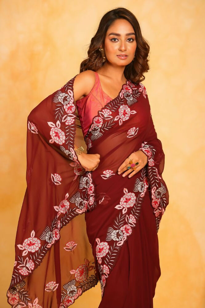 Vamsee Annie Maroon Georgette Silk Saree | Grocsy