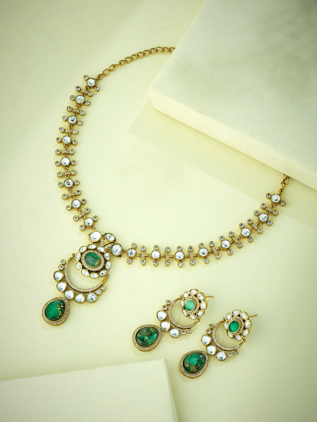 Nuyug 22K Gold-Plated Kundan Studded Faux Jasper Stone Necklace Set | Grocsy