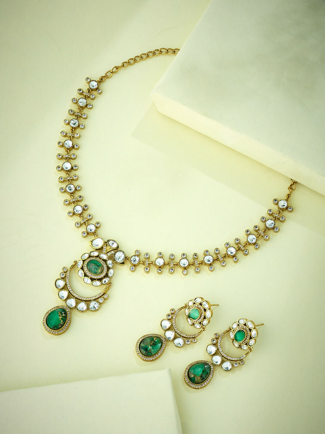 Nuyug 22K Gold-Plated Kundan Studded Faux Jasper Stone Necklace Set | Grocsy